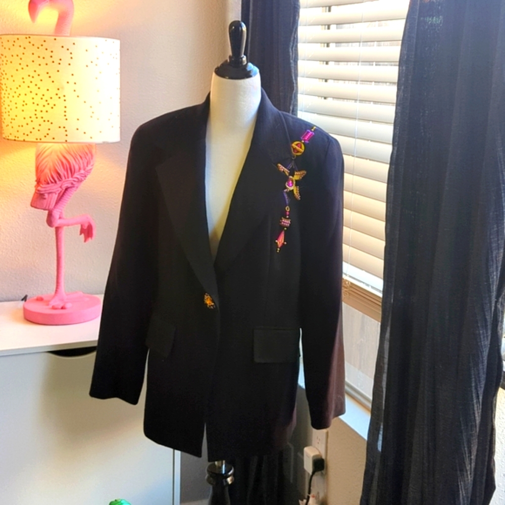Vtg 100% Wool Bedazzled Blk Blazer